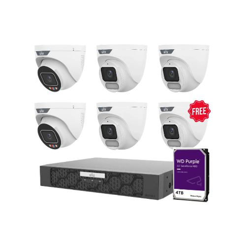 Uniview 3 * 6MP Owlview Cameras + 2 * 6MP Triguard Cameras + 1 * 8CH NVR with 4TB HDD Installed & 1 * 6MP Owlview Free