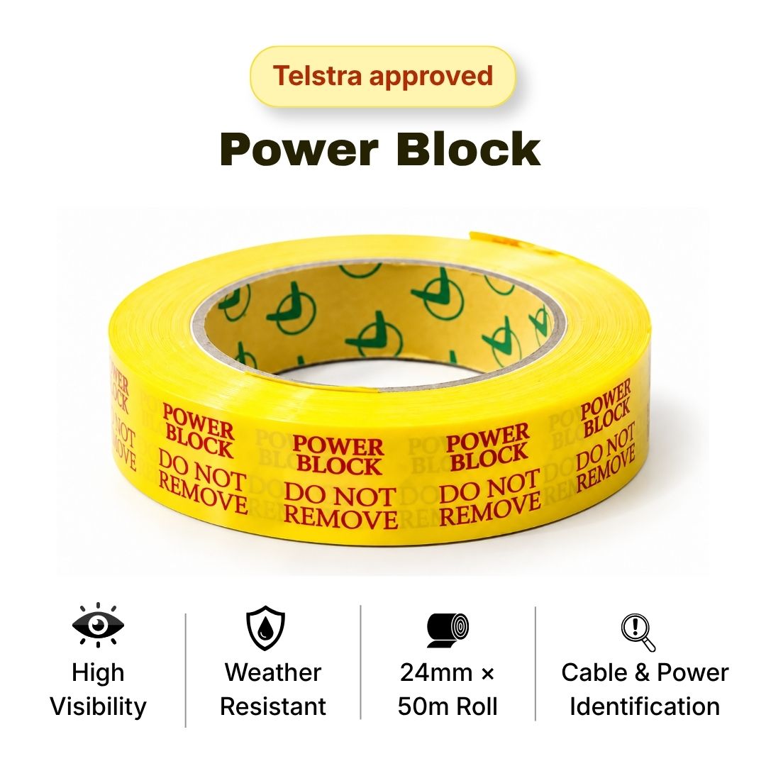 Telstra Red on Yellow Label “Power Block” 24mm x 50m