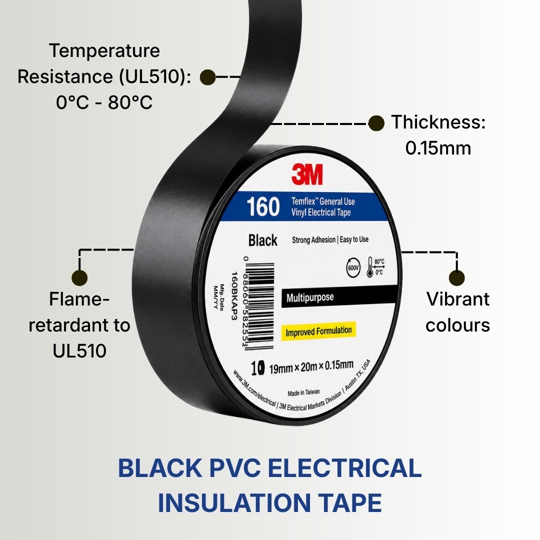 3M 19MM x 20M Black PVC Electrical Insulation Tape (1 PACK OF 10 QTY)