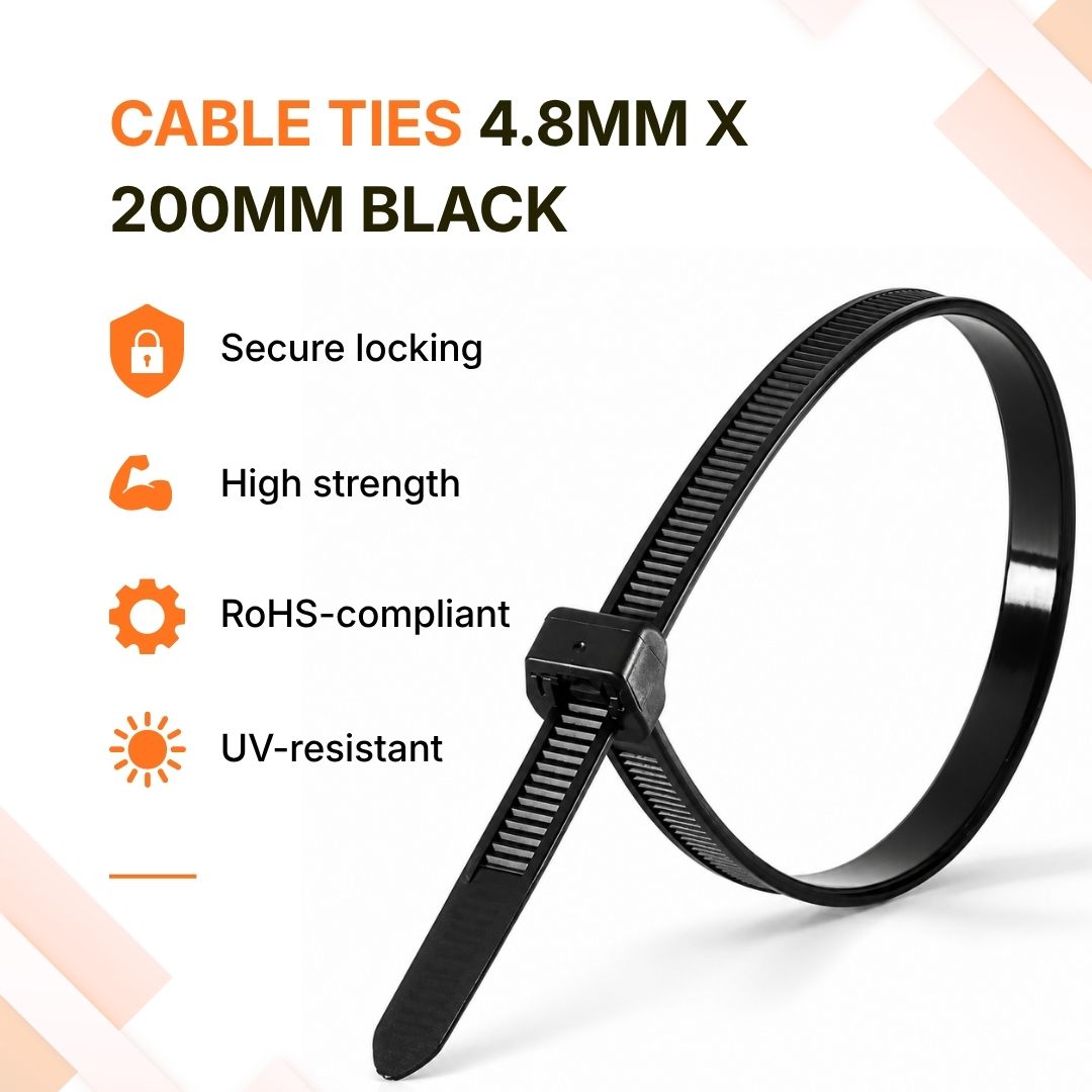 Cable Ties 4.8mm x 200mm BLACK - 100pcs