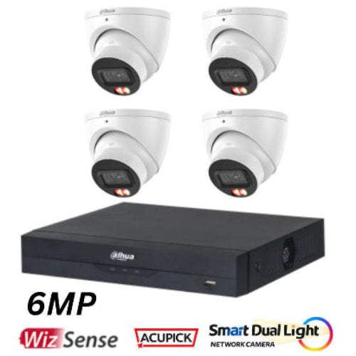 Dahua 6MP Smart Dual Light Turret Cameras with SMD 4.0 & Mic CCTV Kit - 4 Cameras + 4 Channel NVR