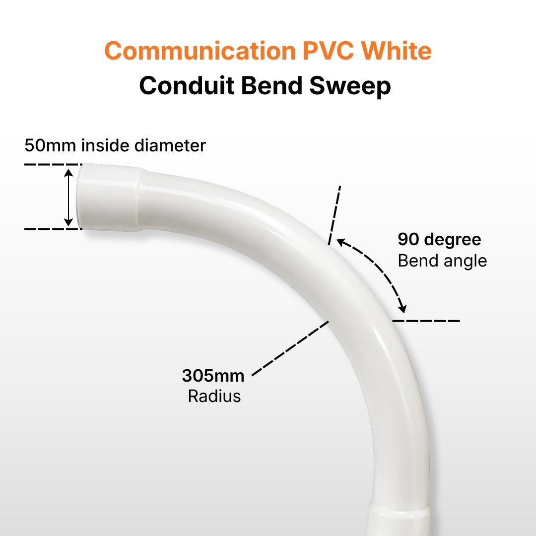 Communication PVC White Conduit Bend Sweep Telstra/NBN 50mm X 90 Deg X 305mm Radius