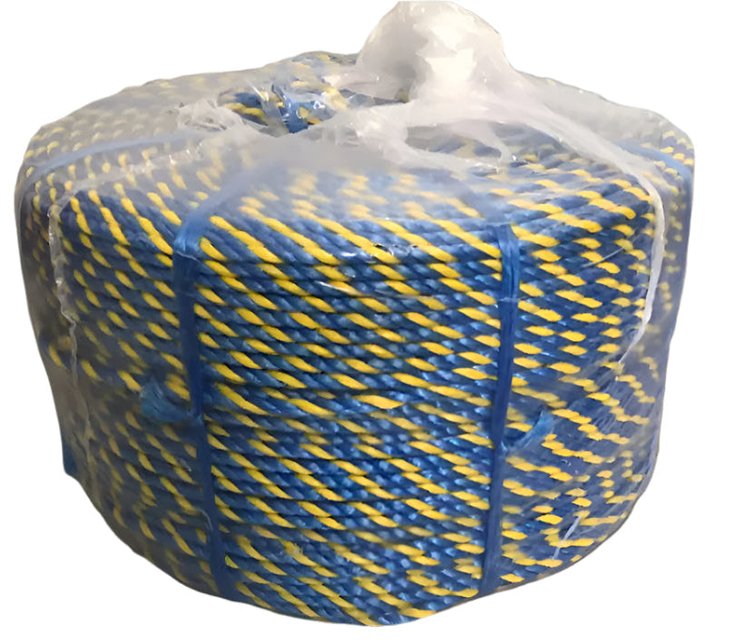 A coil of blue and yellow braided cable hauling rope.