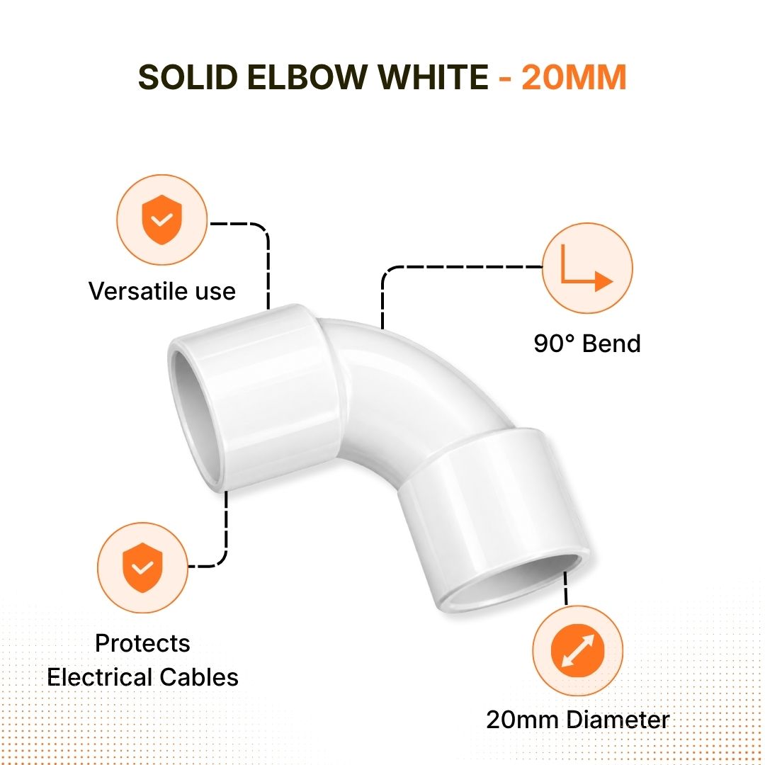 SOLID ELBOW WHITE- 20MM | SUITES 20MM COMMUNICATION CONDUIT | NOT SUITABLE FOR P20 CONDUITS