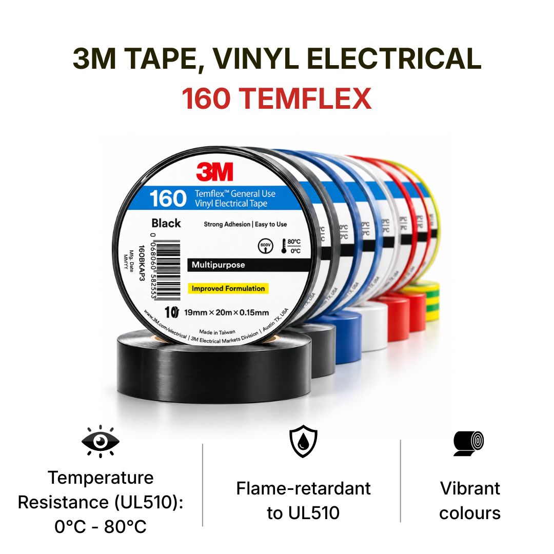 3M TAPE, VINYL ELECTRICAL 160 TEMFLEX, RAINBOW PACK OF 10, 19mm x 20m