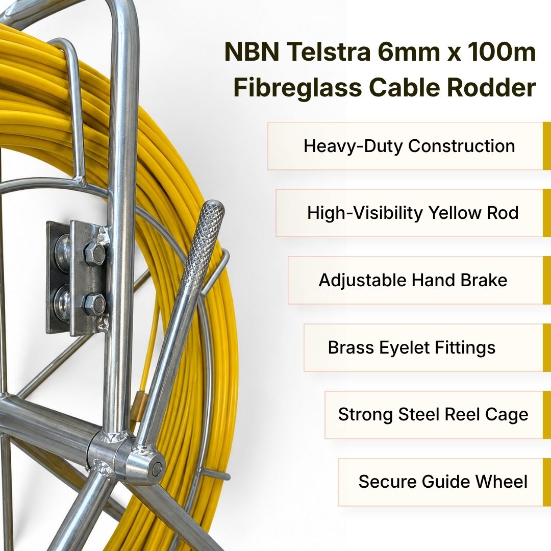 NBN Telstra 6mm x 100m  Fibreglass Cable Rodder – Heavy-Duty Steel Reel Cage