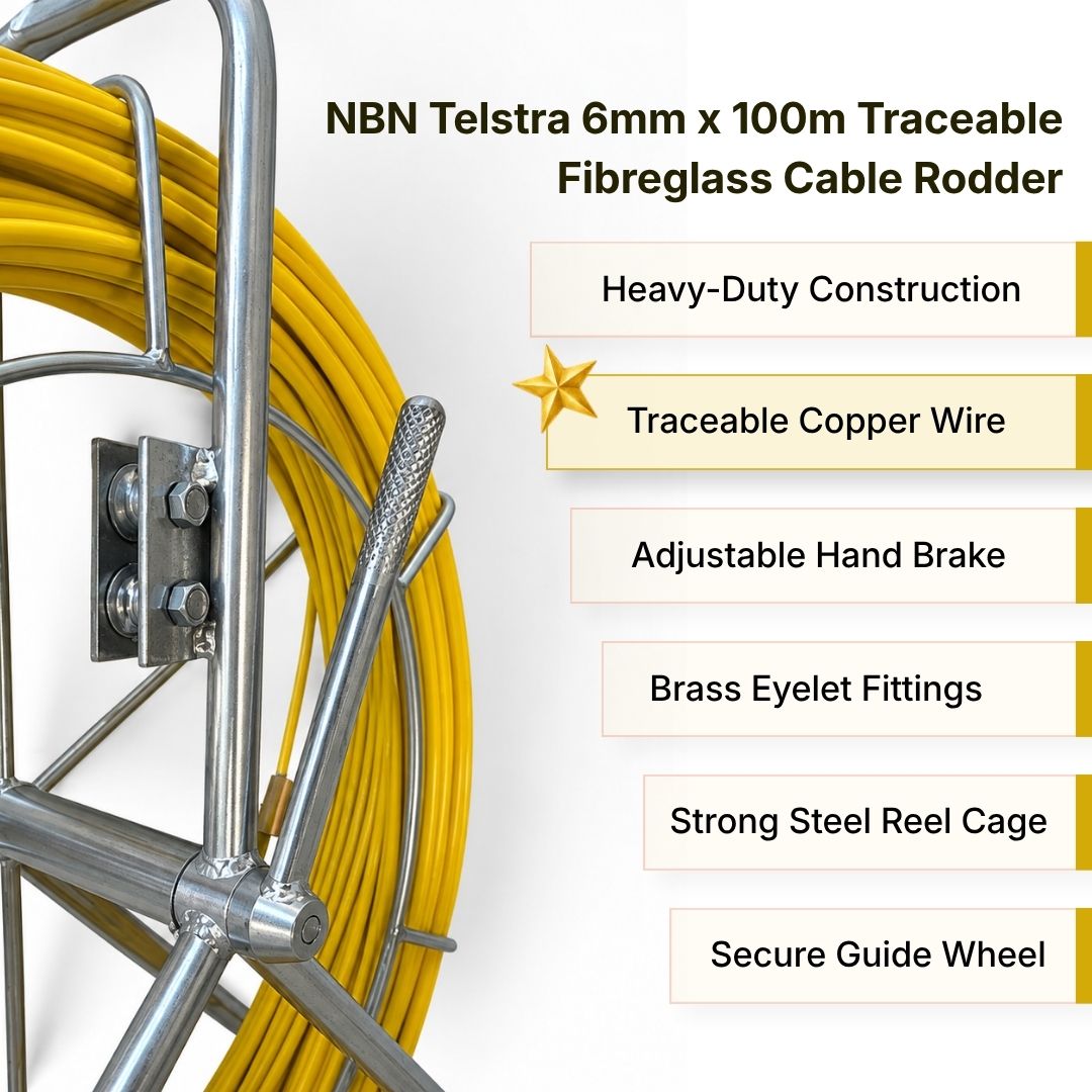 NBN Telstra 6mm x 100m Traceable Fibreglass Cable Rodder – Heavy-Duty Steel Reel Cage