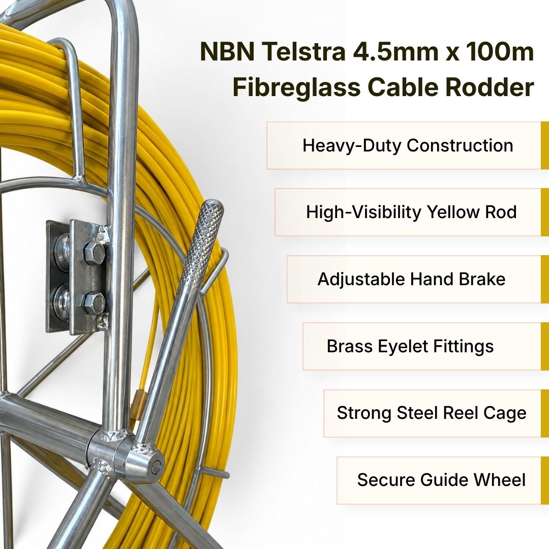 NBN Telstra 4.5mm x 100m  Fibreglass Cable Rodder – Heavy-Duty Steel Reel Cage