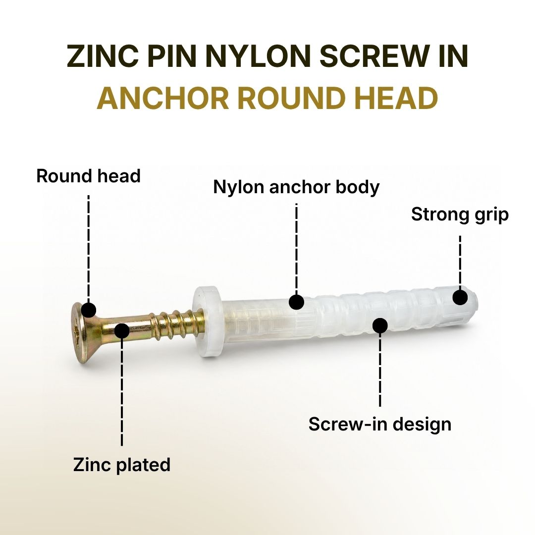 6mm x 40mm Zinc Pin Nylon Screw In Anchor Round Head 100pcs