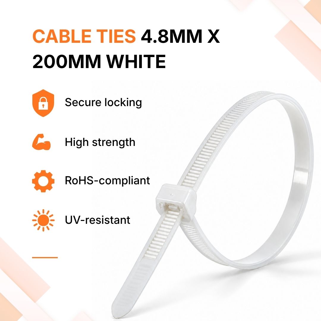 Cable Ties 4.8mm x 200mm WHITE - 100pcs