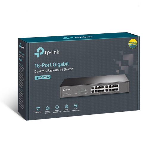 TP-LINK 16-port Gigabit Switch, 16 10/100/1000M RJ45 ports, 1U 13-inch rack-mountable steel case
TL-SG1016D