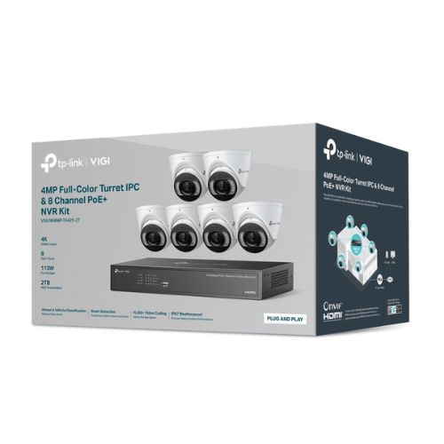 TP-LINK VIGI 4MP Full-Color Turret IPC &amp; 8 Channel PoE+ NVR KIT TP-NK8MP-T6425-2T