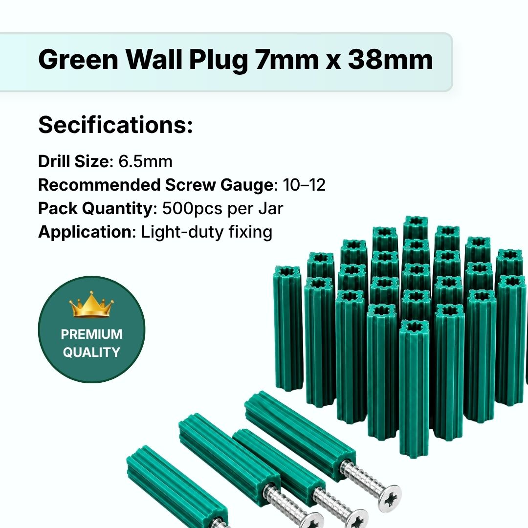 Wall Plugs Green  7mm x 38mm - 500pcs
