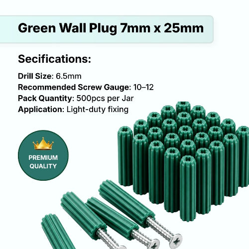 Wall Plug Green 7 * 25mm Round Headed | 500 Pcs