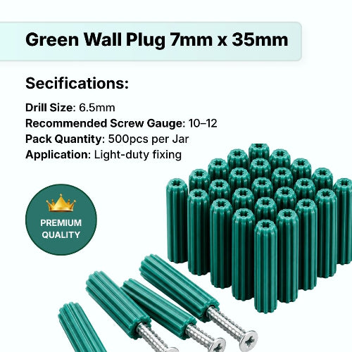 Wall Plug Green 7 * 35mm Round Ended | 500 Pcs
